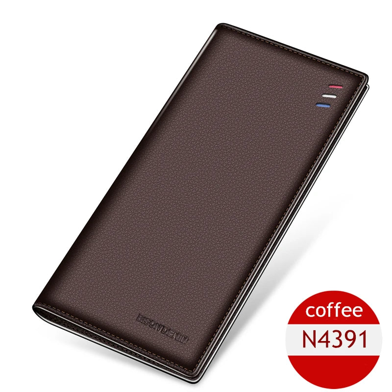 BISON DENIM Genuine Leather Long Wallet Business Men's Soft Thin Wallet Card Holder Luxury Brand Design Handy Male Purse Bag