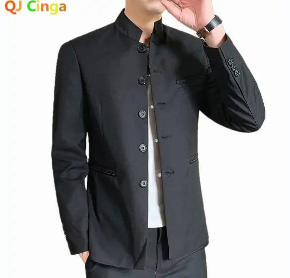 2026 New Men's Black Blazers Coat, Masculino Single Breasted Stand Up Collar Men Long-Sleeved Terno Jacket, Blue Red Overcoat