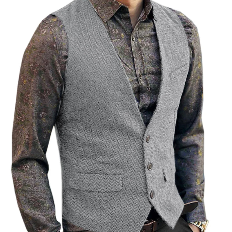 Men's V-Neck Suit Vests Fashion Formal Slim Fit Business Herringbone Dress Waistcoat for Tuxedo Wedding Party