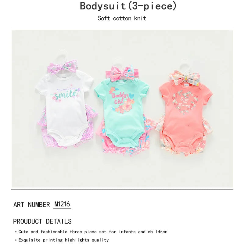 0 to12M 3-Pack Bodysuits Sets For Girls Newborn Short Sleeve Rompers Cotton Clothes Infants Summer One Piece Costume Bebe Outfit