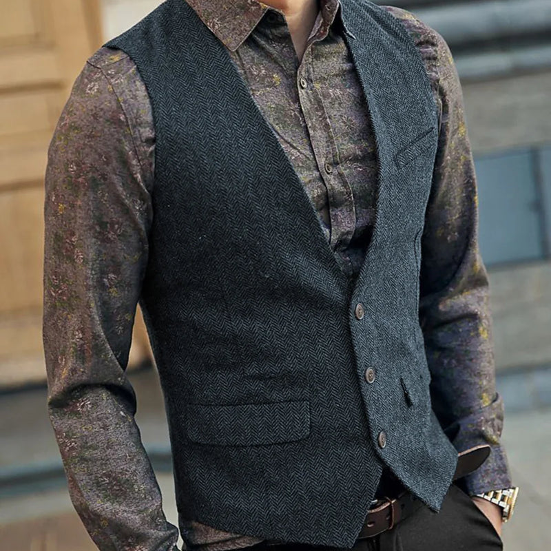 Slim Mens Vest Tweed Waistcoat Vest Vintage Herringbone V-neck Casual Wool Groomsmen Suits Vest For Wedding XS-5XL