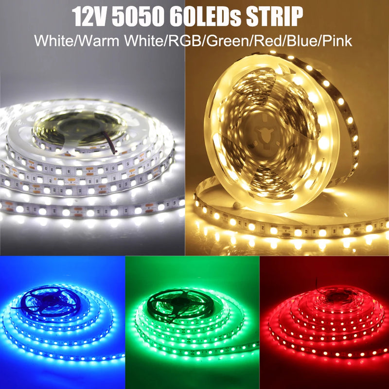 LED Strip Light 12V 24V 2835 5050 5054 5M RGB White Pink Red Blue Flexible LED Tape Ribblon 120LED 60LED 480LED Waterproof Decor