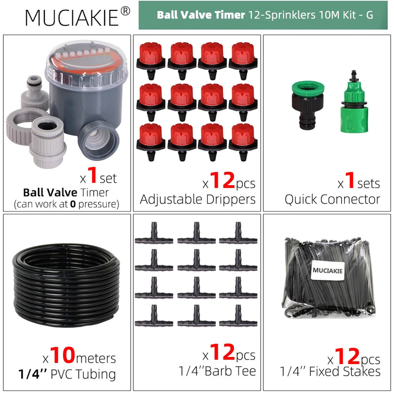 MUCIAKIE 5-50 Meters Ball Valve Timer Garden Watering System Irrigation Drip Kits Automatic Spray for Plants Adjustable Nozzles