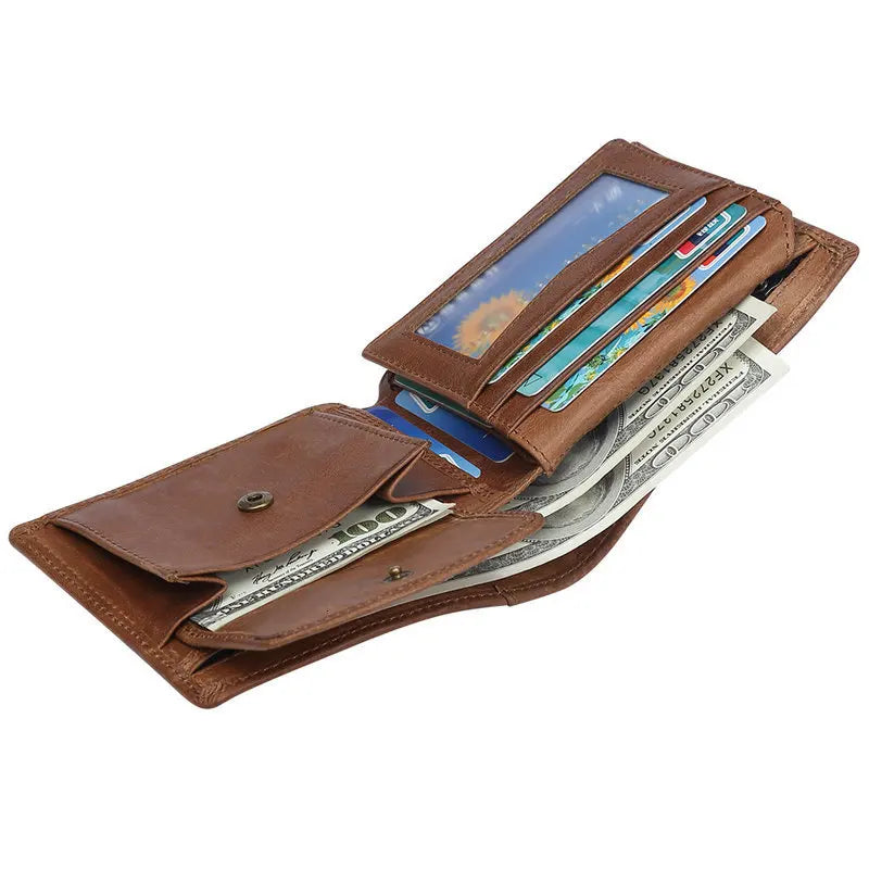 GENODERN Cow Leather Men Wallets with Coin Pocket Vintage Male Purse RFID Blocking Genuine Leather Men Wallet with Card Holders