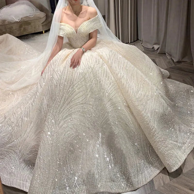 Wedding Dress Shiny Classic Boat Neck Bridal Party Gown | SAMAG
