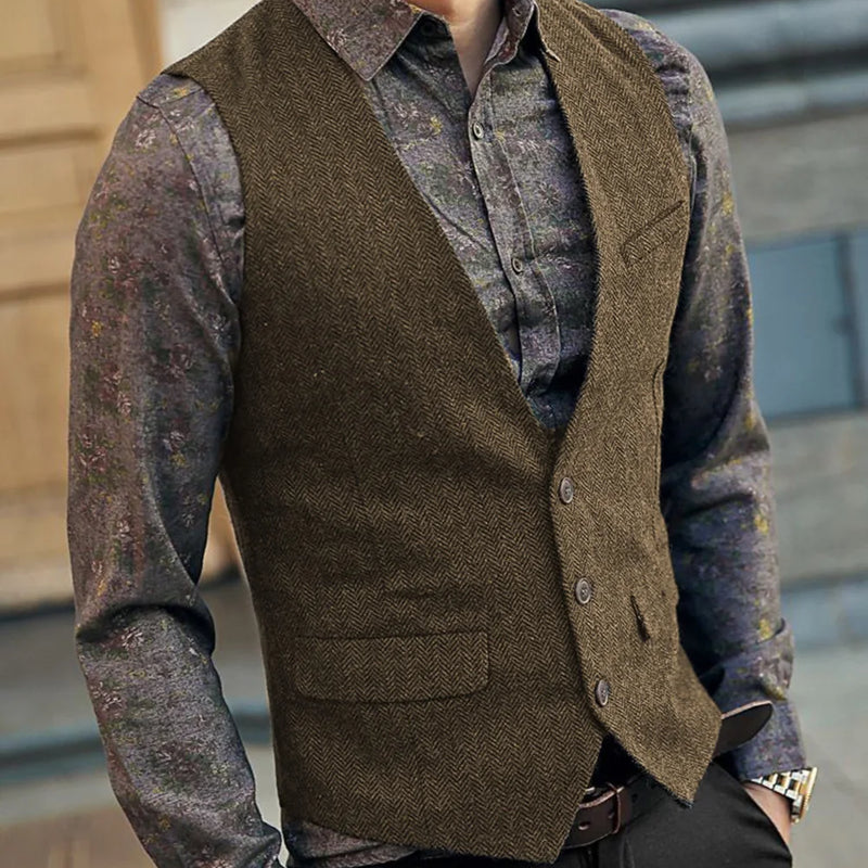 Slim Mens Vest Tweed Waistcoat Vest Vintage Herringbone V-neck Casual Wool Groomsmen Suits Vest For Wedding XS-5XL