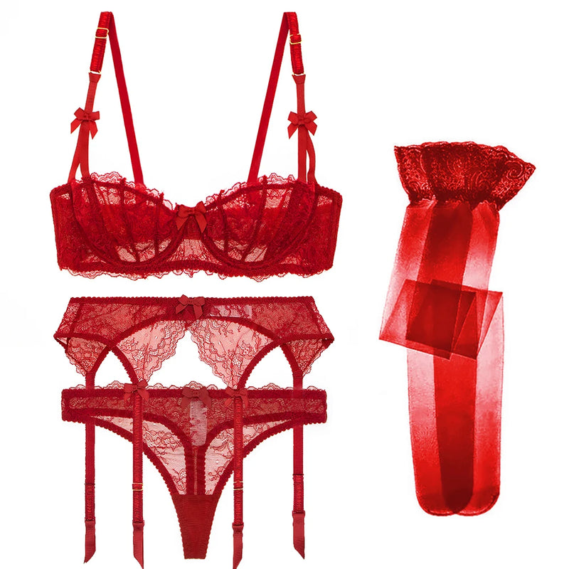 CYHWR Luxury Half Cup Lace Transparent Sexy Lingerie Ultra-thin Solid Shell Style 4 Pieces/Lots Bra Set and Garter and Stocking