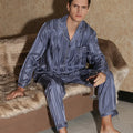 Naizaiga  19 Momme 100 % silk  deep blue and blue gray striped men spring pajamas suit  , SKFS17