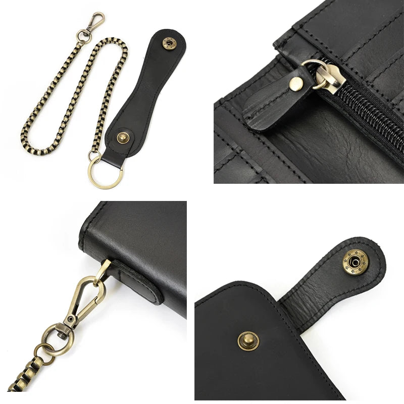 Men's Vintage Crazy Horse Leather Chain Wallet Genuine Leather Bifold Long Wallet Snap Card Holder Purse Zipper Coin Rfid Pocket
