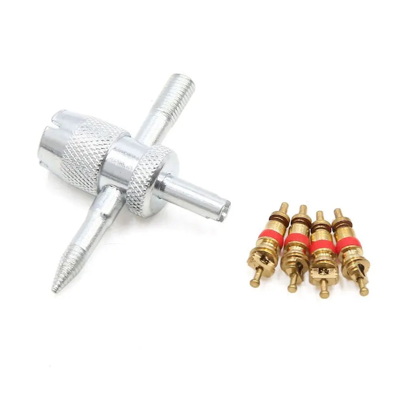 1Set Copper Valve Core with 5-in-1 Tire Valve Stem  Removal Tool Tire Repair Tool Valve Core Removal Tool Tire Cleaning Tool