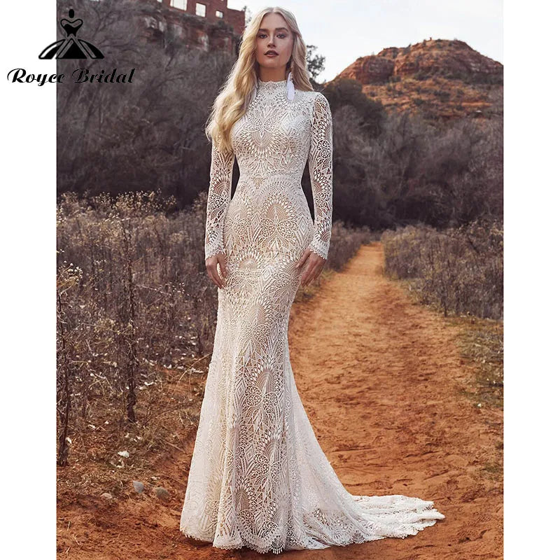 Mermaid Boho Beach Wedding Dresses with Back Buttons Lace - View 7 | SAMAG