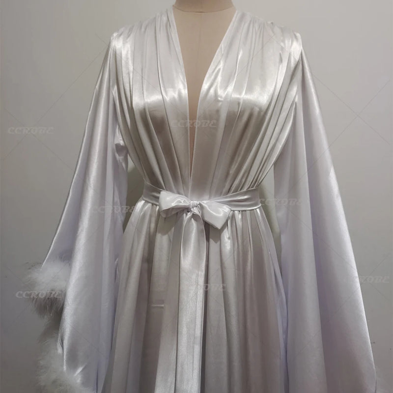 Women 's Feather Bathrobe Long Sleeves Sleepwear Bridal Robe Long Wedding Party Dressing Gown Pregnancy Photoshoot Dress