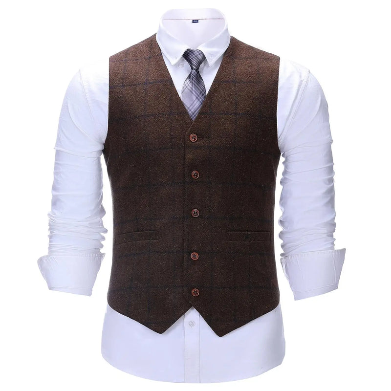 Men's Army Green Vest Plaid Soft Wool Brown Jacket Casual Gentleman Tweed Business Waistcoat For Groosmen Best Man For Wedding