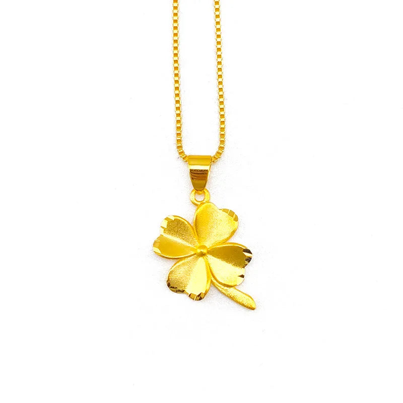 Pure 14K Yellow Gold Pendant Necklace Simple Mini Grass Pendant Real 18K Gold Chain for Women Fine Jewelry Christmas Gift