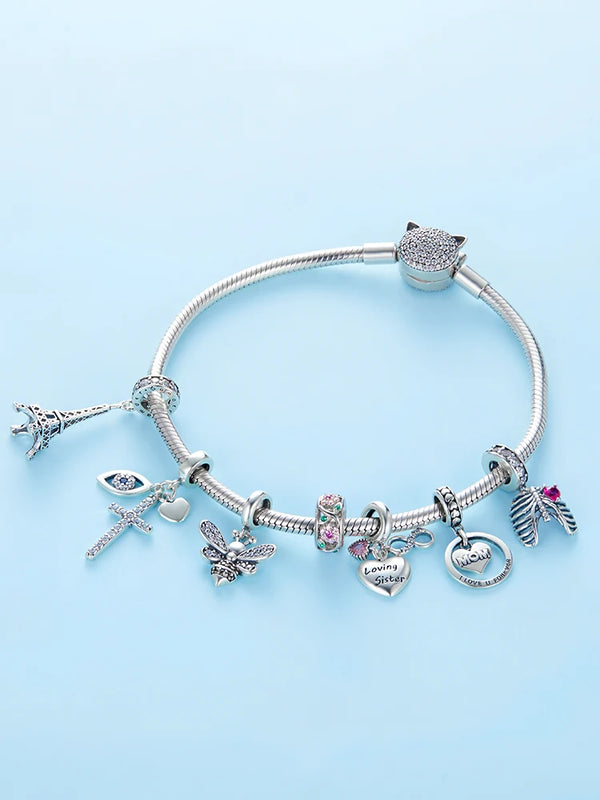WOSTU 925 Sterling Silver Animal Cat Charm Pendant Heart Family Ladybug Bee Beads Fit Original Bracelet DIY Jewelry For Women