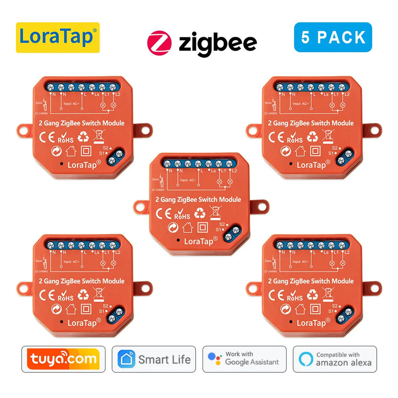 LoraTap Tuya ZigBee 3.0 2 Gang Light Switch Relay Module Google Home Alexa Echo Remote Control Work with Zigbee2MQTT DIY