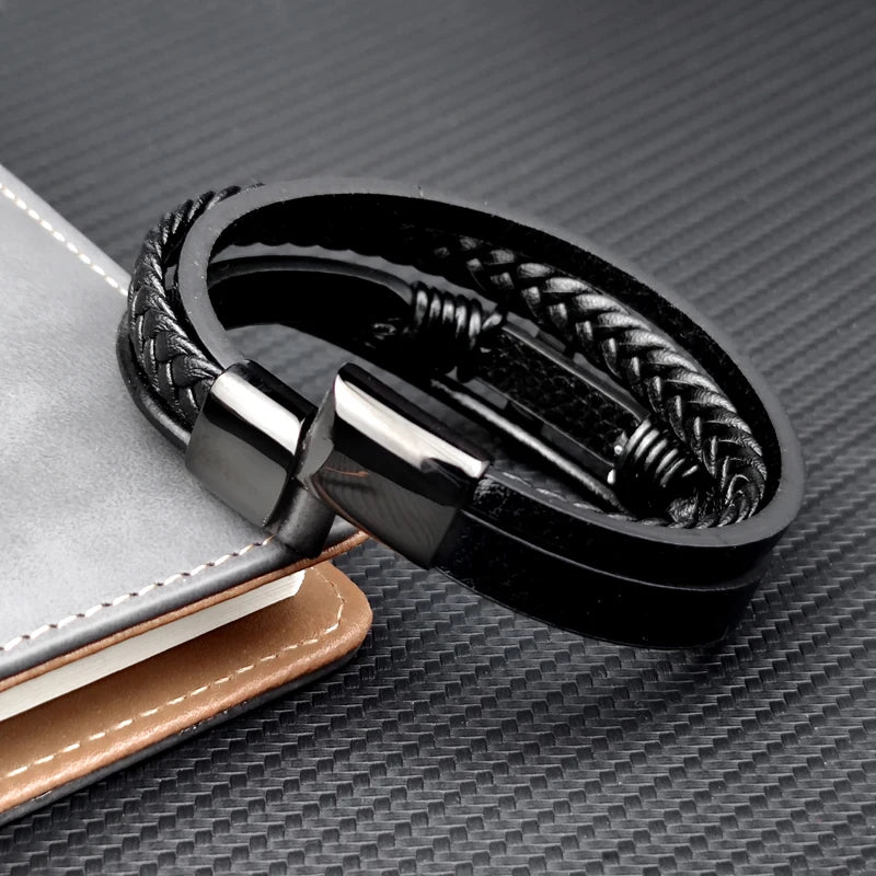 Charm Stainless Steel Leather Cross Brown/black Bracelet Men Hiphop Jewelry Magnetic Clasp Mutilayer Male - Visuel 5 | SAMAG