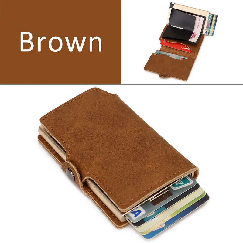 RFID Business Credit Card Holder Men Multifunction Automatic Aluminium Alloy Leather Cards Case Mini Wallet Slim Coin Purse
