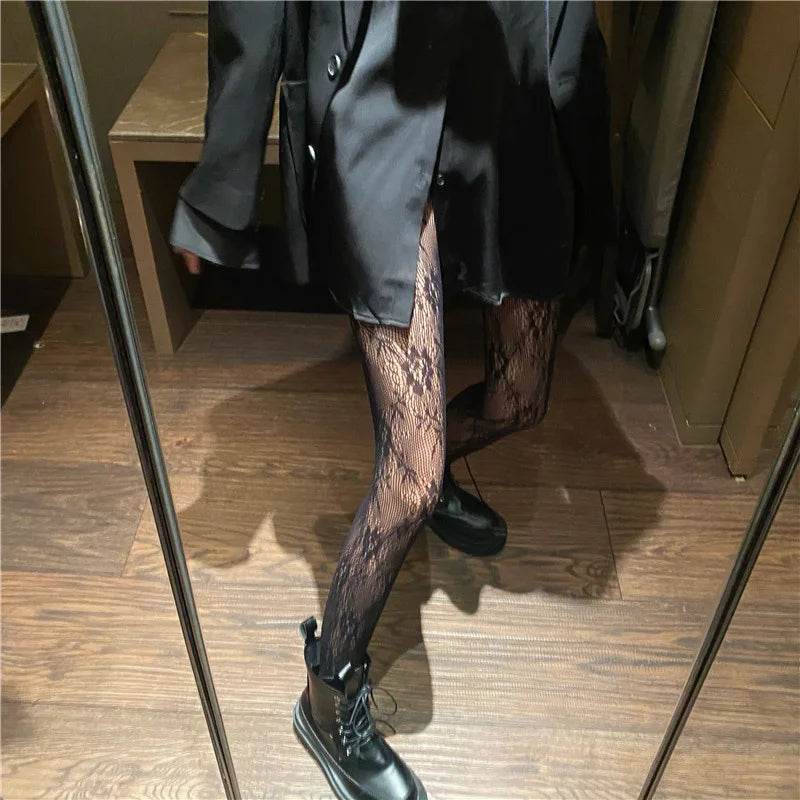 Sexy women seamless pantyhose net tight nylon print stocking fishnet mesh hosiery rose silk stockings thin lace women