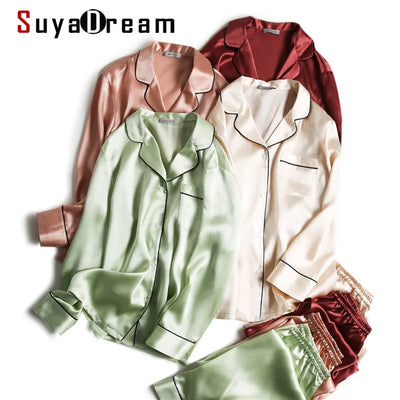 SuyaDream Women Silk Pajamas Solid 100%Real Long sleeves | SAMAG