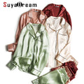 SuyaDream Women Silk Pajamas Solid 100%Real Silk Long sleeves Sleepset Set 2022 Turn Down Collar Print Two-piece Nightwear
