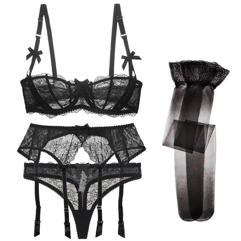 CYHWR Luxury Half Cup Lace Transparent Sexy Lingerie Ultra-thin Solid Shell Style 4 Pieces/Lots Bra Set and Garter and Stocking