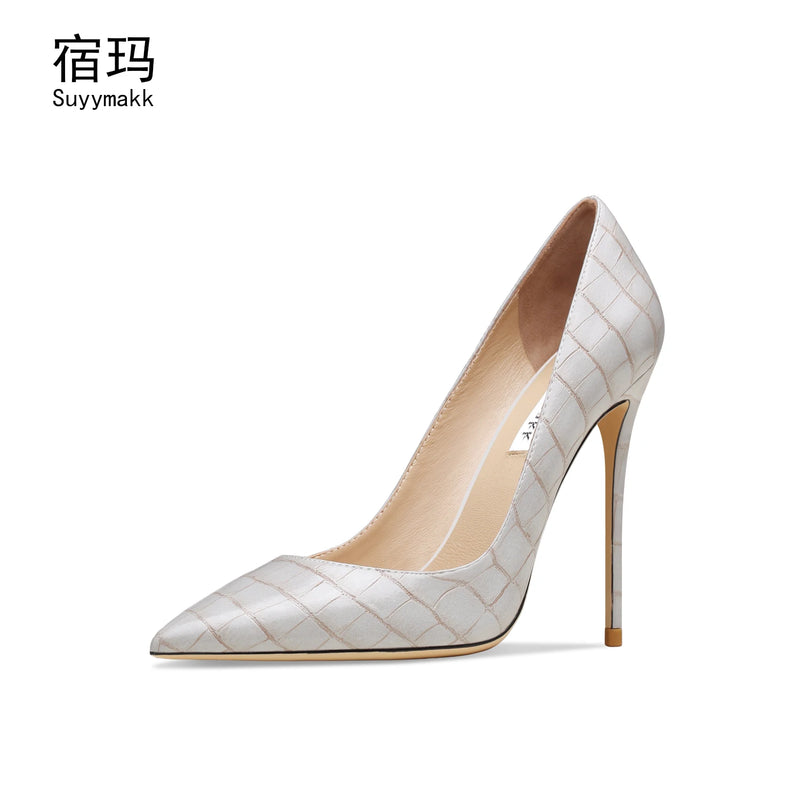 Heels For Women Real Leather Pumps Crocodile Pattern Luxury Black Women's Shoes Pointed Toe High Heels Ladies Prom Shoes Women