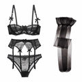 CYHWR Luxury Half Cup Lace Transparent Sexy Lingerie Ultra-thin Solid Shell Style 4 Pieces/Lots Bra Set and Garter and Stocking