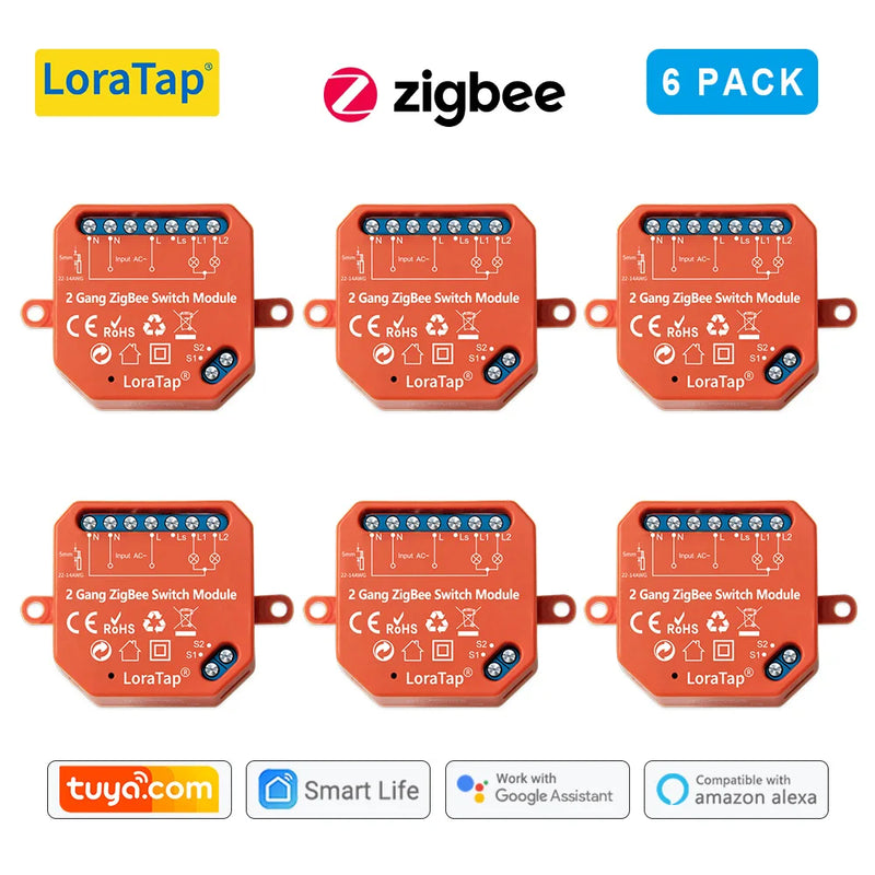 LoraTap Tuya ZigBee 3.0 2 Gang Light Switch Relay Module Google Home Alexa Echo Remote Control Work with Zigbee2MQTT DIY