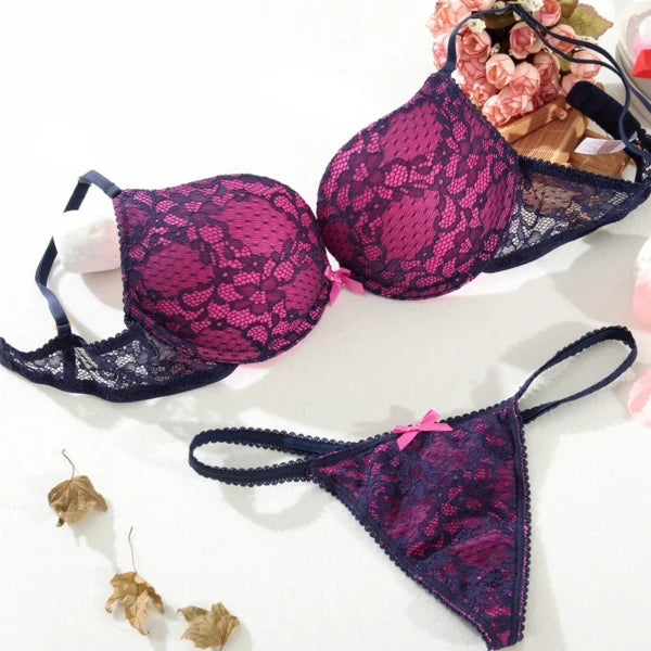 Cotton Deep V Lace Surface Push Up Sexy Bra Panty Sets Matching Bow G-string Comfortable Underwear Women Lingerie Set Intimates