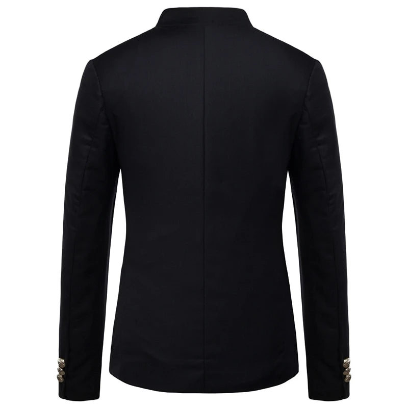 Men's Black Stand Up Collar Blazer Coat, Wedding Party Dress Jacket, Asia Sizes Slim-Fit Single Breasted Jaqueta, Blue Red Tops.