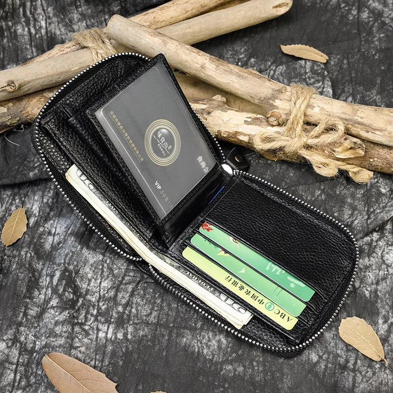 Men Crazy horse Genuine Leather Coin Wallet Real Leather Snap Short Purse Women Coin Pocket Zip Around Small Trifold Pocket
