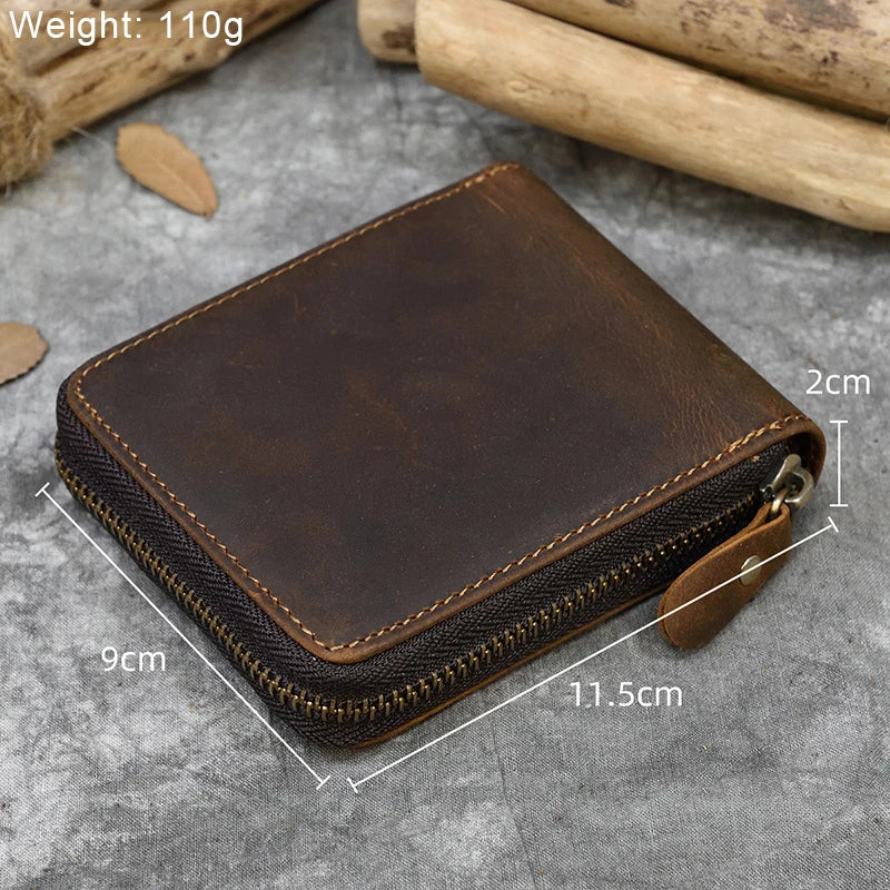 Men Crazy horse Genuine Leather Coin Wallet Real Leather Snap Short Purse Women Coin Pocket Zip Around Small Trifold Pocket