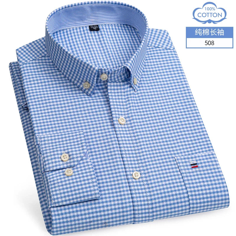 S~6XL Cotton Oxford Shirt For Men's Long Sleeve Plaid | SAMAG