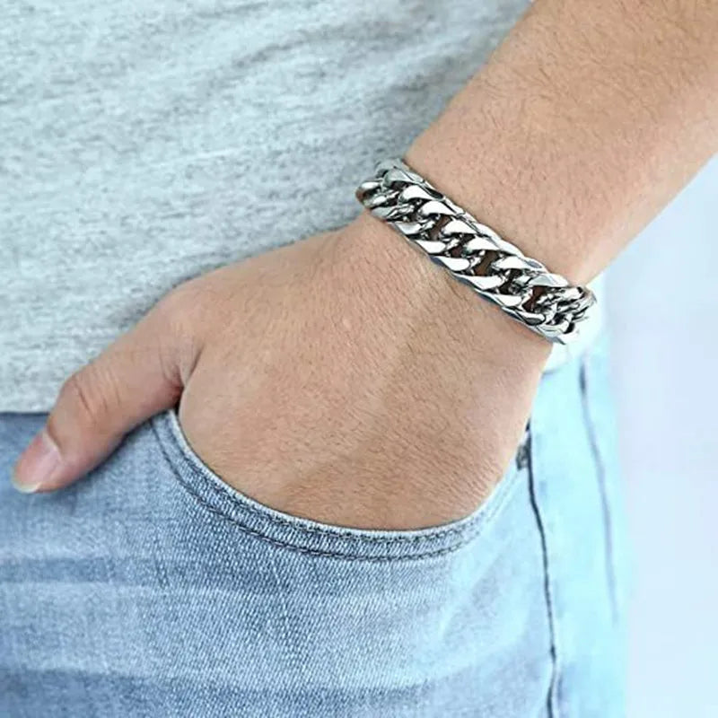 HNSP 316L Stainless Steel LA Cuban Link Chain Bracelet For Men Punk Hip Hop Silver Color Hand Chain 8/10/12/14MM Thick