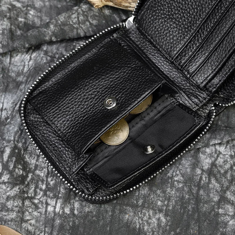 Men Crazy horse Genuine Leather Coin Wallet Real Leather Snap Short Purse Women Coin Pocket Zip Around Small Trifold Pocket