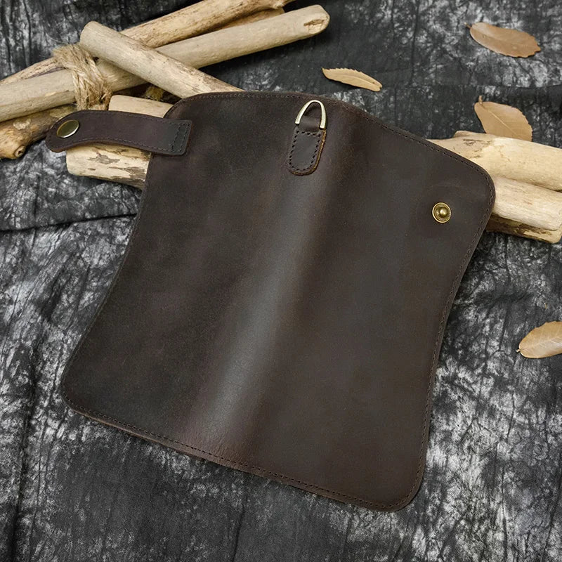 Men's Vintage Crazy Horse Leather Chain Wallet Genuine Leather Bifold Long Wallet Snap Card Holder Purse Zipper Coin Rfid Pocket