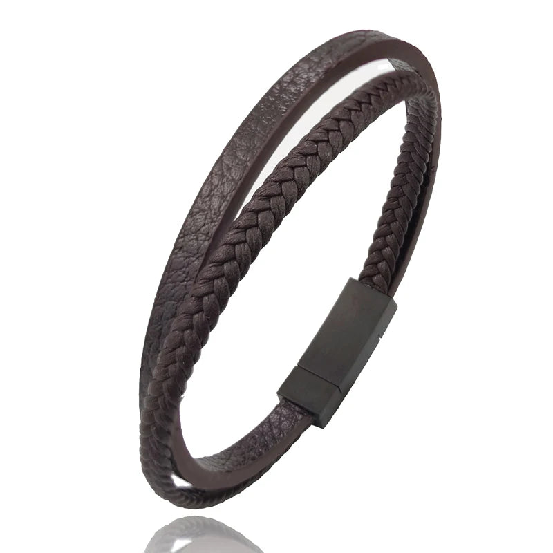 MingAo Designer Charm New Simple Brown Leather Bracelet for Men Stainless Steel Magnetic Clasp Fashion Men Jewelry Bangles Gift