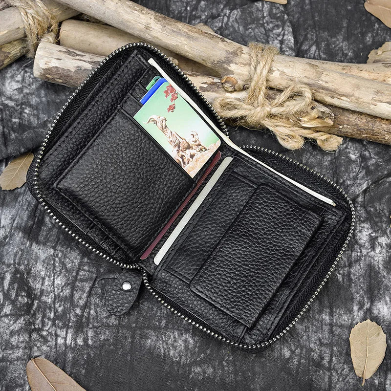 Men Crazy horse Genuine Leather Coin Wallet Real Leather Snap Short Purse Women Coin Pocket Zip Around Small Trifold Pocket
