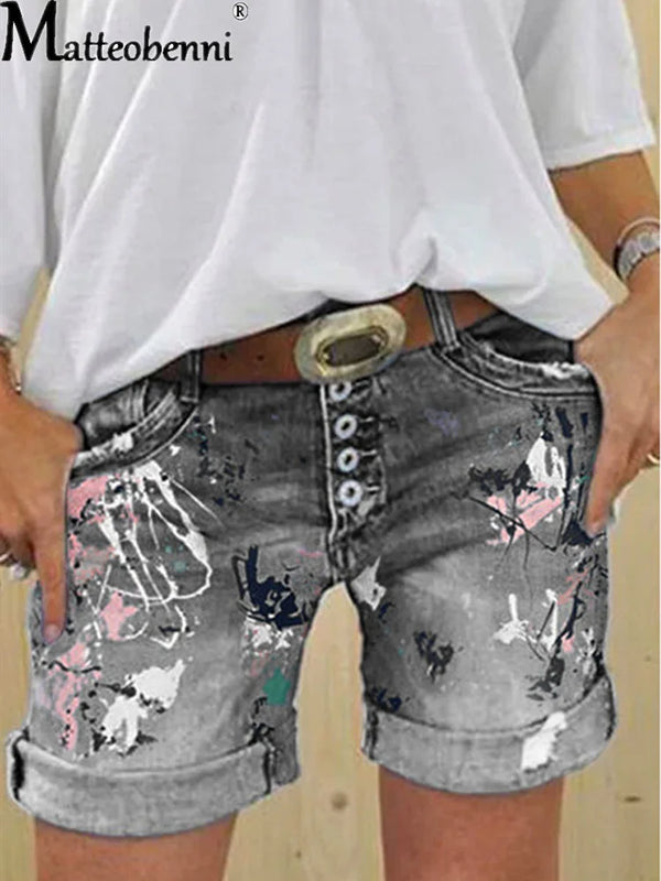 2025 Female Casual Bottoms Harajuku Vintage Streetwear Summer New Buttons Women Denim Shorts Washed Flower Print Jeans