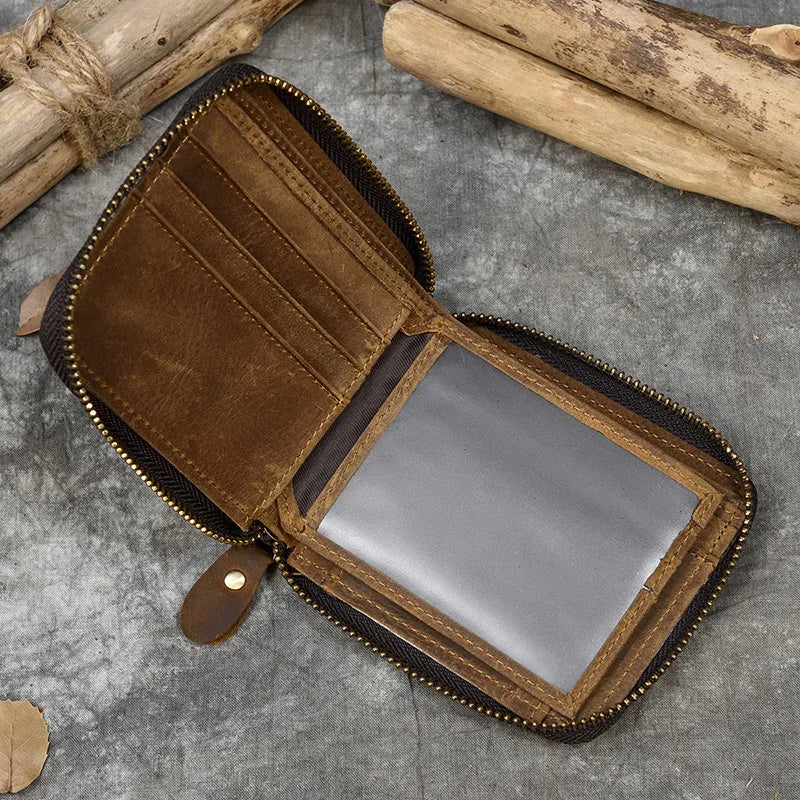 Men Crazy horse Genuine Leather Coin Wallet Real Leather Snap Short Purse Women Coin Pocket Zip Around Small Trifold Pocket