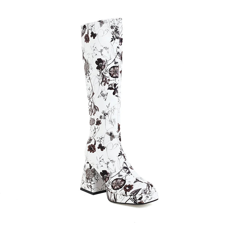 Colorful Floral Ultra-High Thick Heel Women's Knee-Length Boot Square-Toe Waterproof Platform Tapered Print Breathable Long Boot