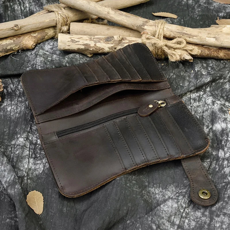 Men's Vintage Crazy Horse Leather Chain Wallet Genuine Leather Bifold Long Wallet Snap Card Holder Purse Zipper Coin Rfid Pocket