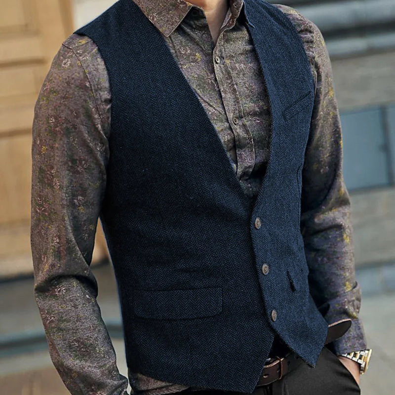 Slim Mens Vest Tweed Waistcoat Vest Vintage Herringbone V-neck Casual Wool Groomsmen Suits Vest For Wedding XS-5XL