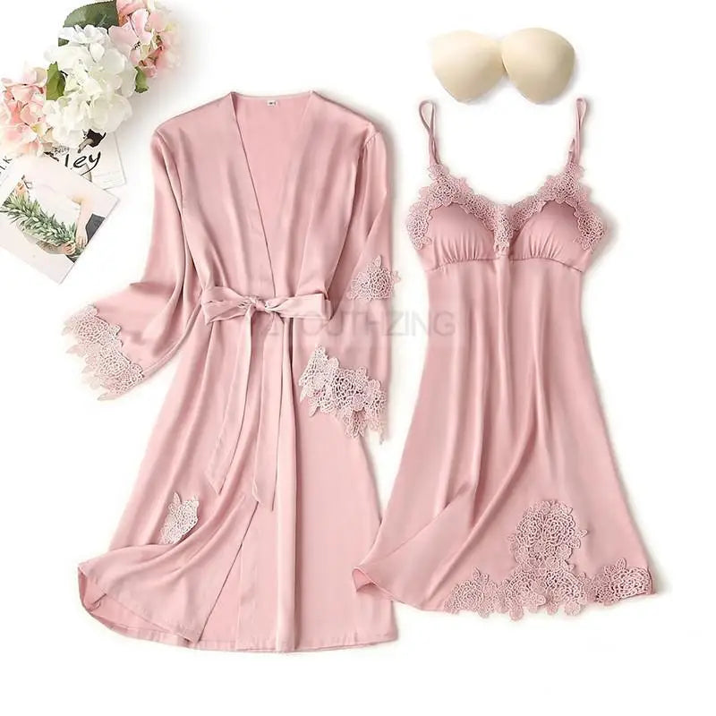 Pajama Set Women Lace Trim Satin Sleepwear Pyjamas | SAMAG