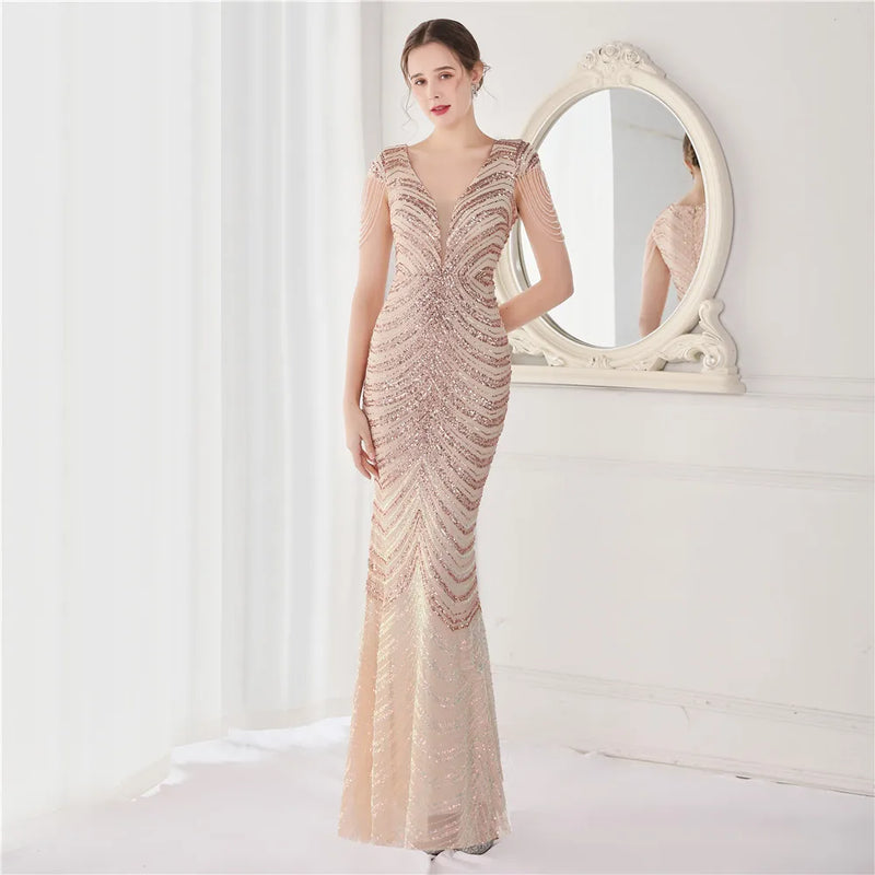 DEERVEADO Elegant V Neck Mermaid Evening Dress Long | SAMAG