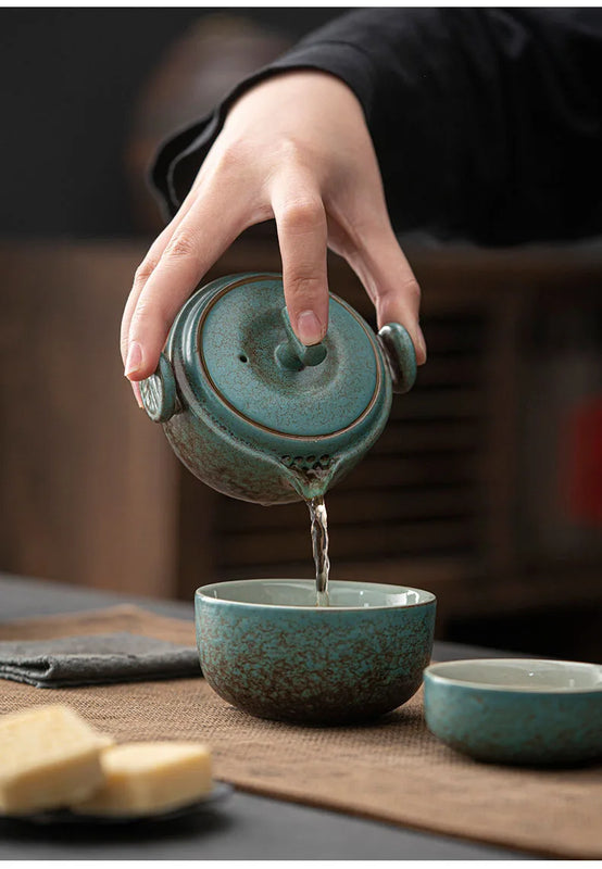 Ceramic Gongfu Travel Tea Set, Gorgeous Chinese Teapot Set with 2 Tea Cups, Portable Carrying Case