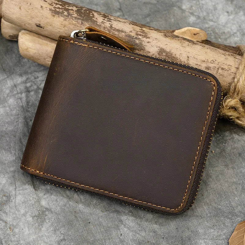 Men Crazy horse Genuine Leather Coin Wallet Real Leather Snap Short Purse Women Coin Pocket Zip Around Small Trifold Pocket