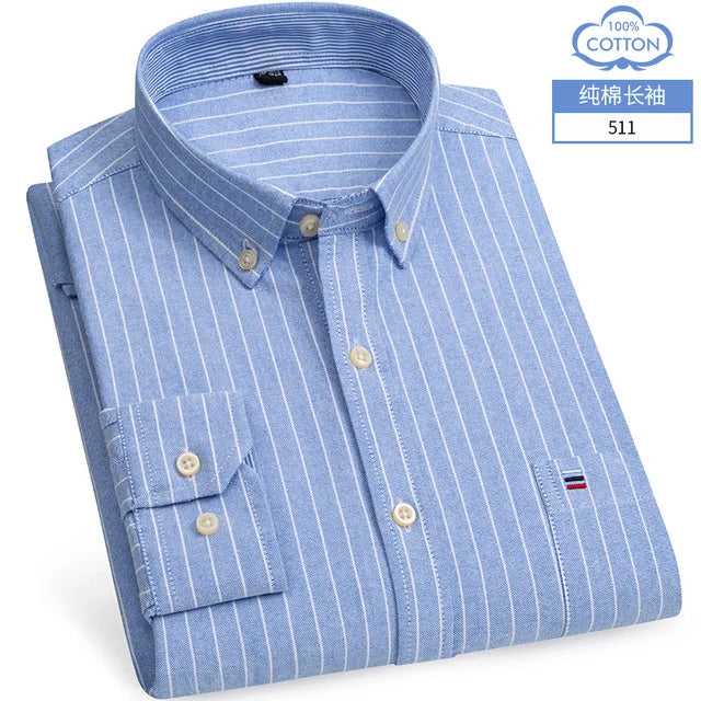 S~6XL Cotton Oxford Shirt For Men's Long Sleeve Plaid | SAMAG