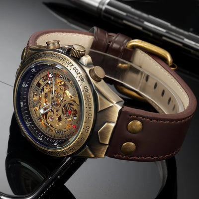 Retro Style Men Automatic Mechanical Watch Skeleton Steampunk Genuine Leather Band Self Winding Wrist Watches Reloj | SAMAG